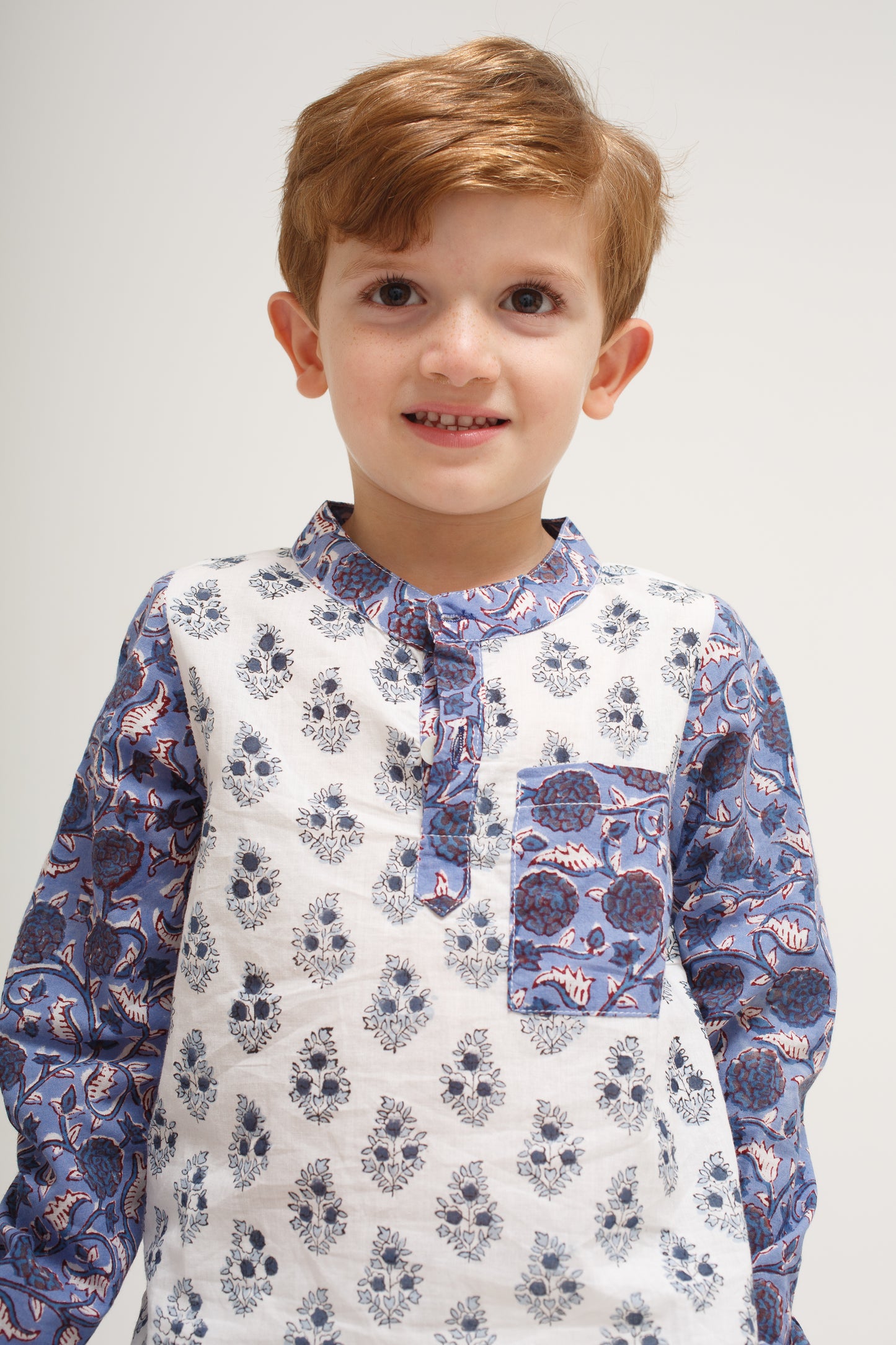 White and Blue Block Print Shirt